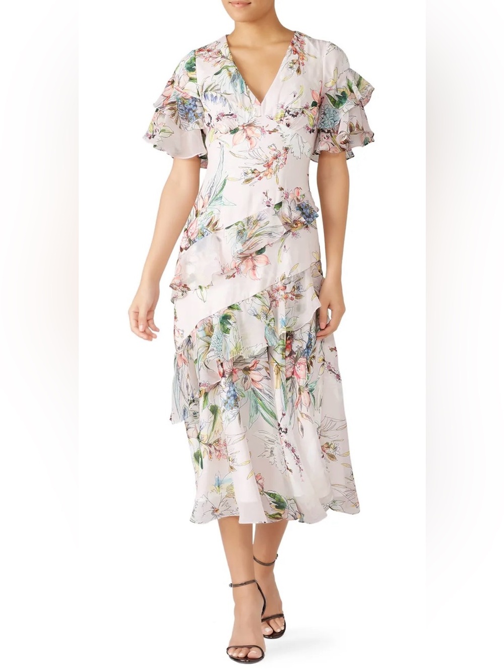 THEIA Floral Chiffon Ruffle Dress Size 8 Wedding Guest Summer